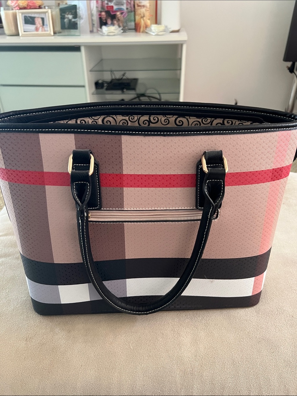 Plaid Tote Bag in Pink and Black with Gold Hardware